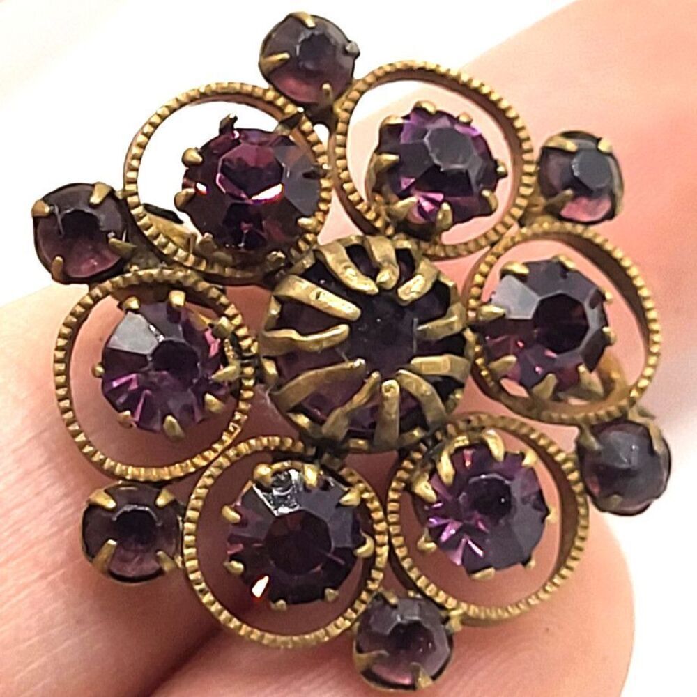 Antique Purple Flower Rhinestone Pin Brooch 1in